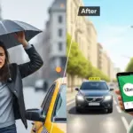Before and after comparison showing how Uber app technology simplified transportation from traditional taxi hailing to smartphone convenience