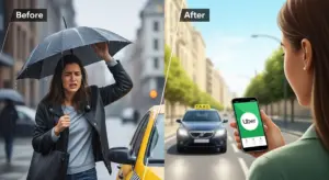 Before and after comparison showing how Uber app technology simplified transportation from traditional taxi hailing to smartphone convenience
