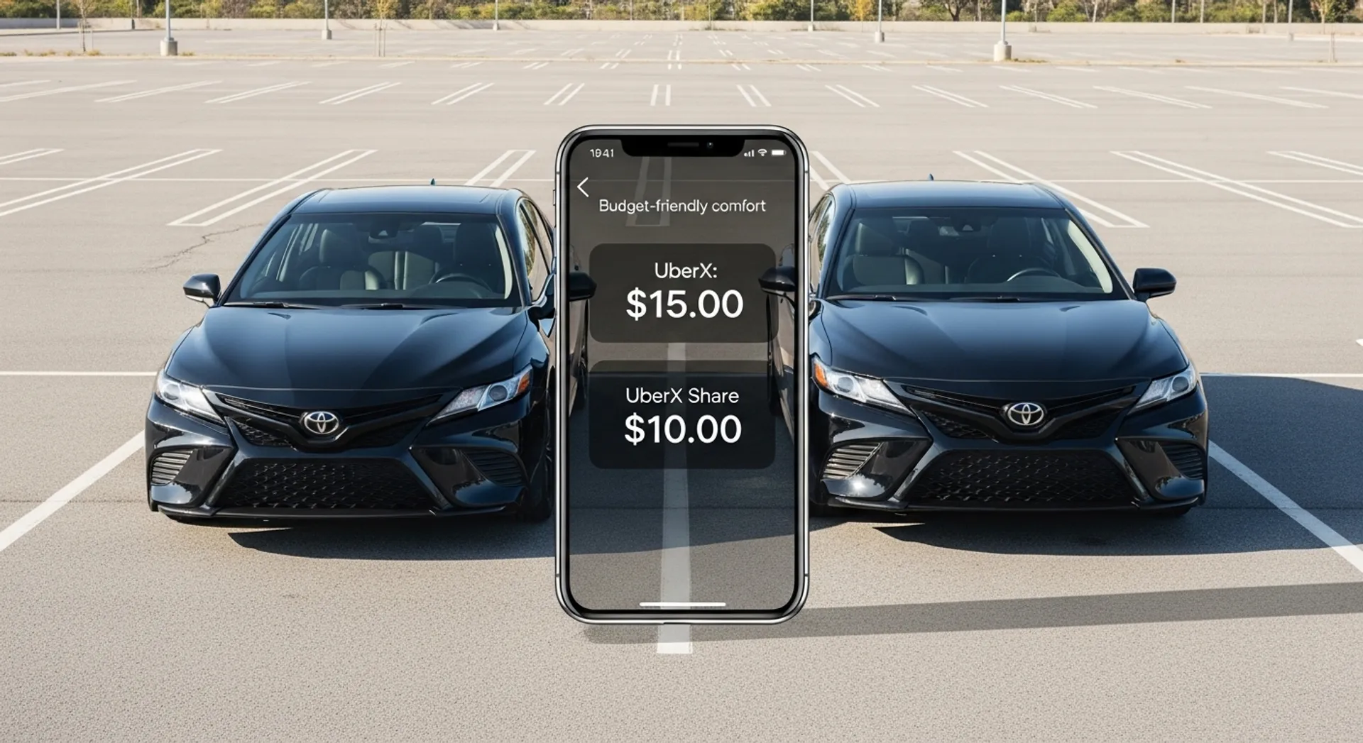 Comparison of Uber ride options showing UberX and UberX Share vehicles for budget-conscious riders