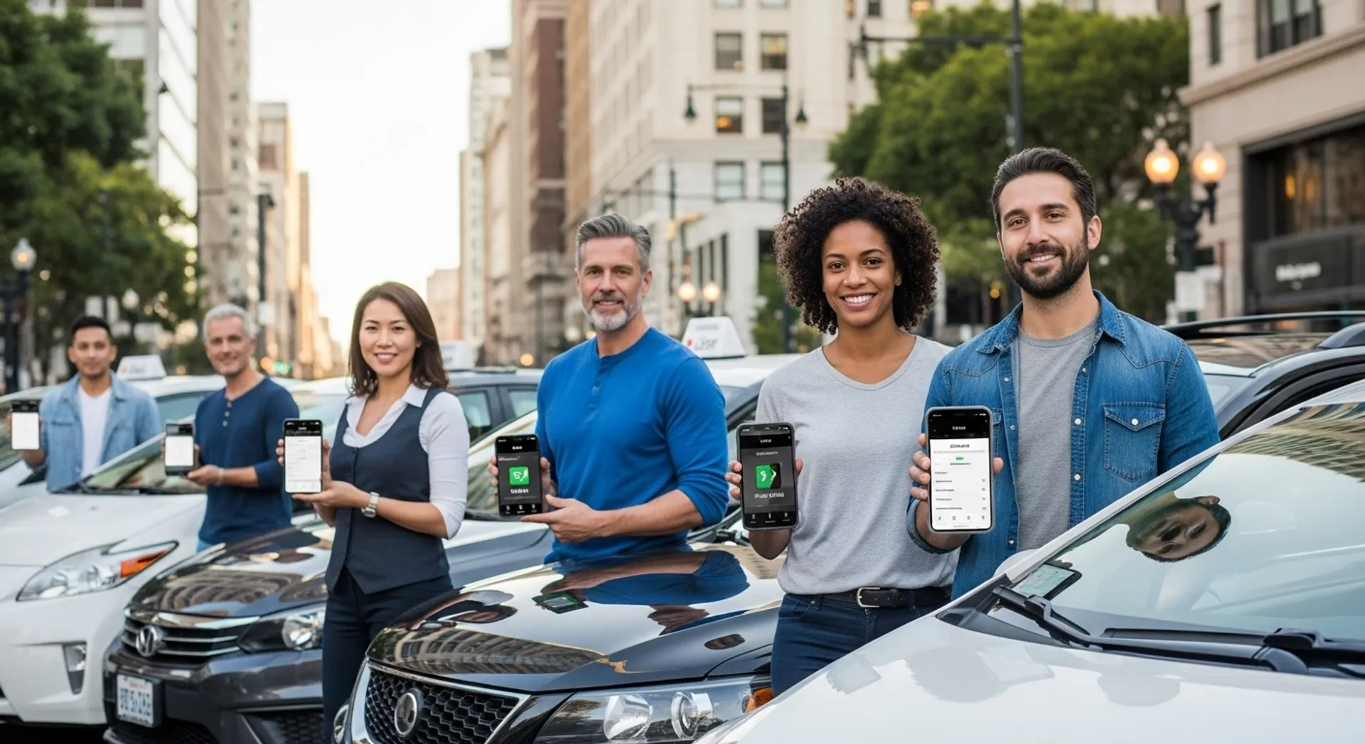 Diverse Uber drivers with smartphones representing flexible earning opportunities and gig economy work