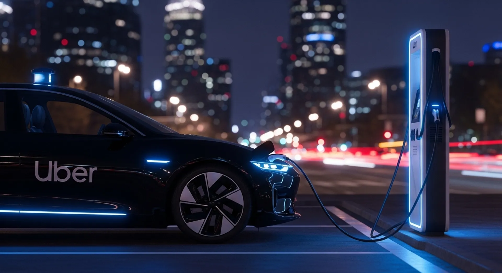 Electric Uber vehicle charging at modern charging station representing EV partnerships