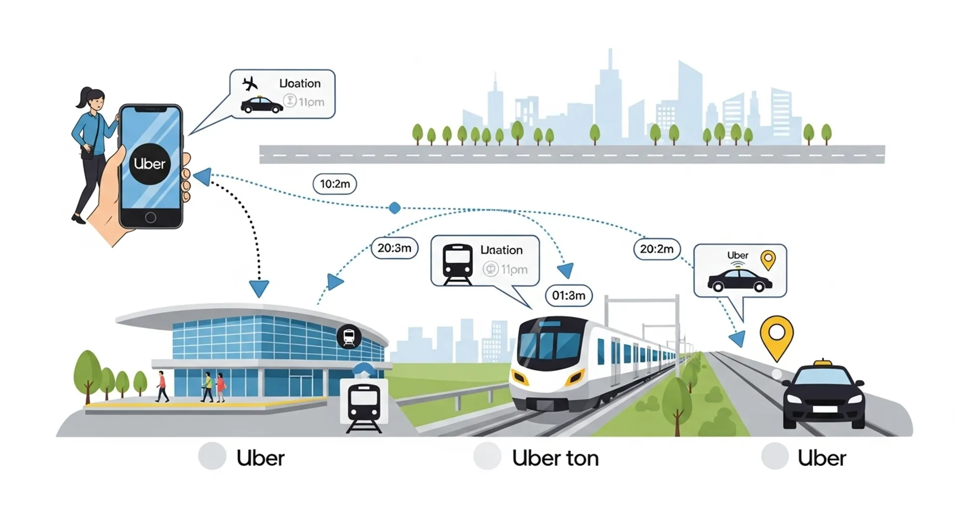 Multimodal transportation journey showing Uber integration with public transit for first and last mile solutions