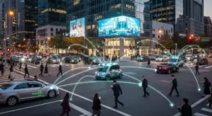 Rideshare industry trends showing electric and autonomous vehicles in modern urban setting