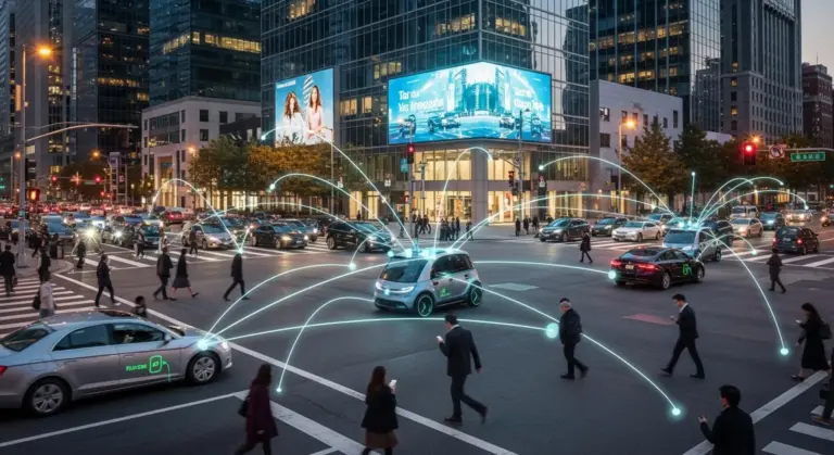 Rideshare industry trends showing electric and autonomous vehicles in modern urban setting