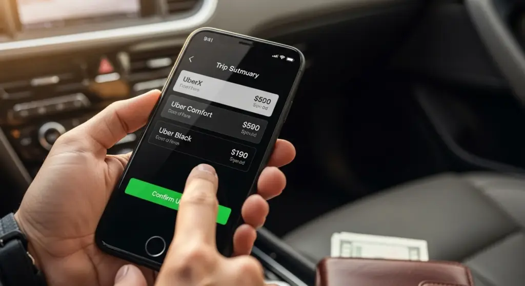 Smartphone showing Uber app fare options for saving money on rideshare rides