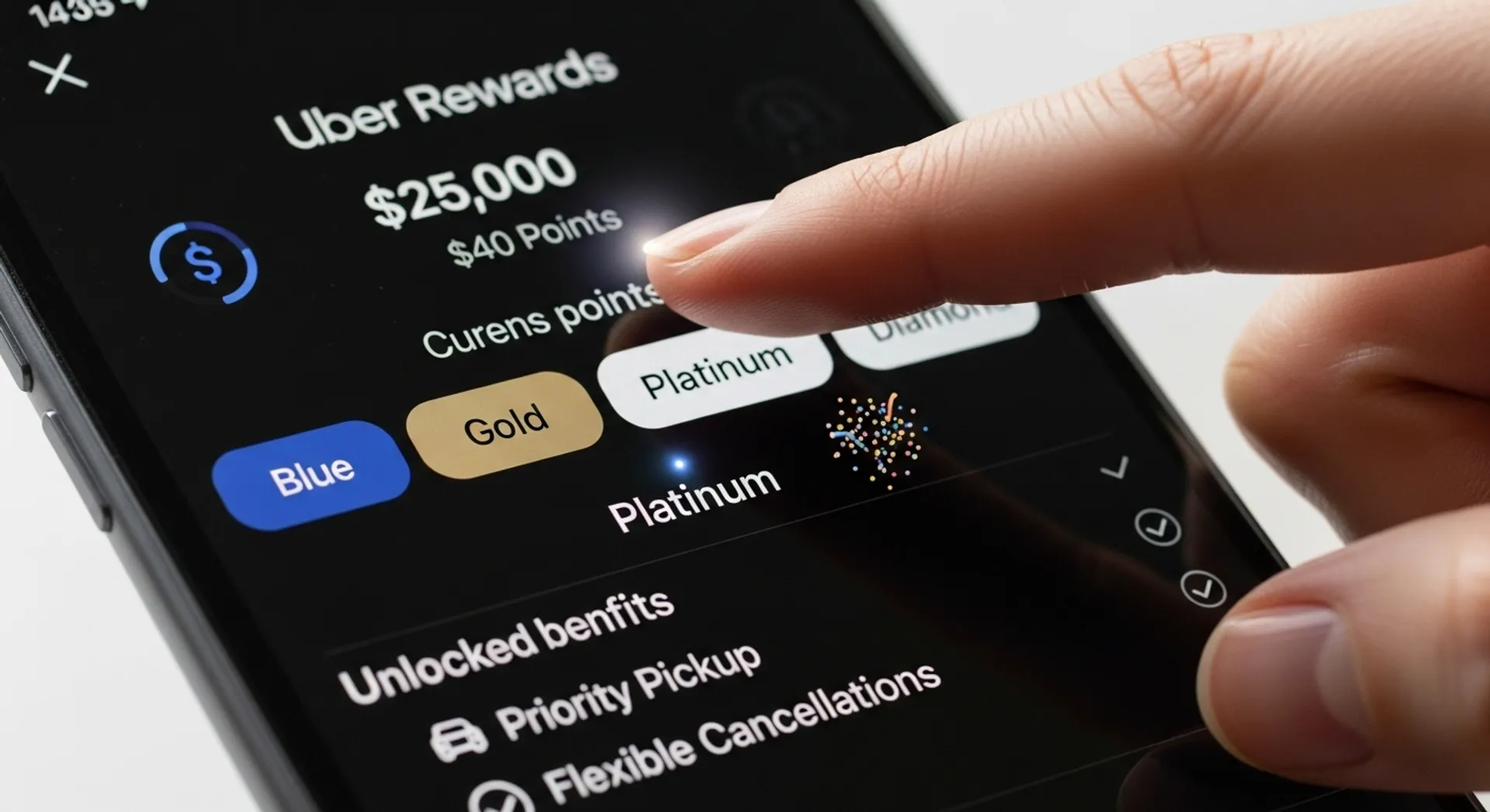 Uber Rewards program dashboard showing points and benefits for frequent riders