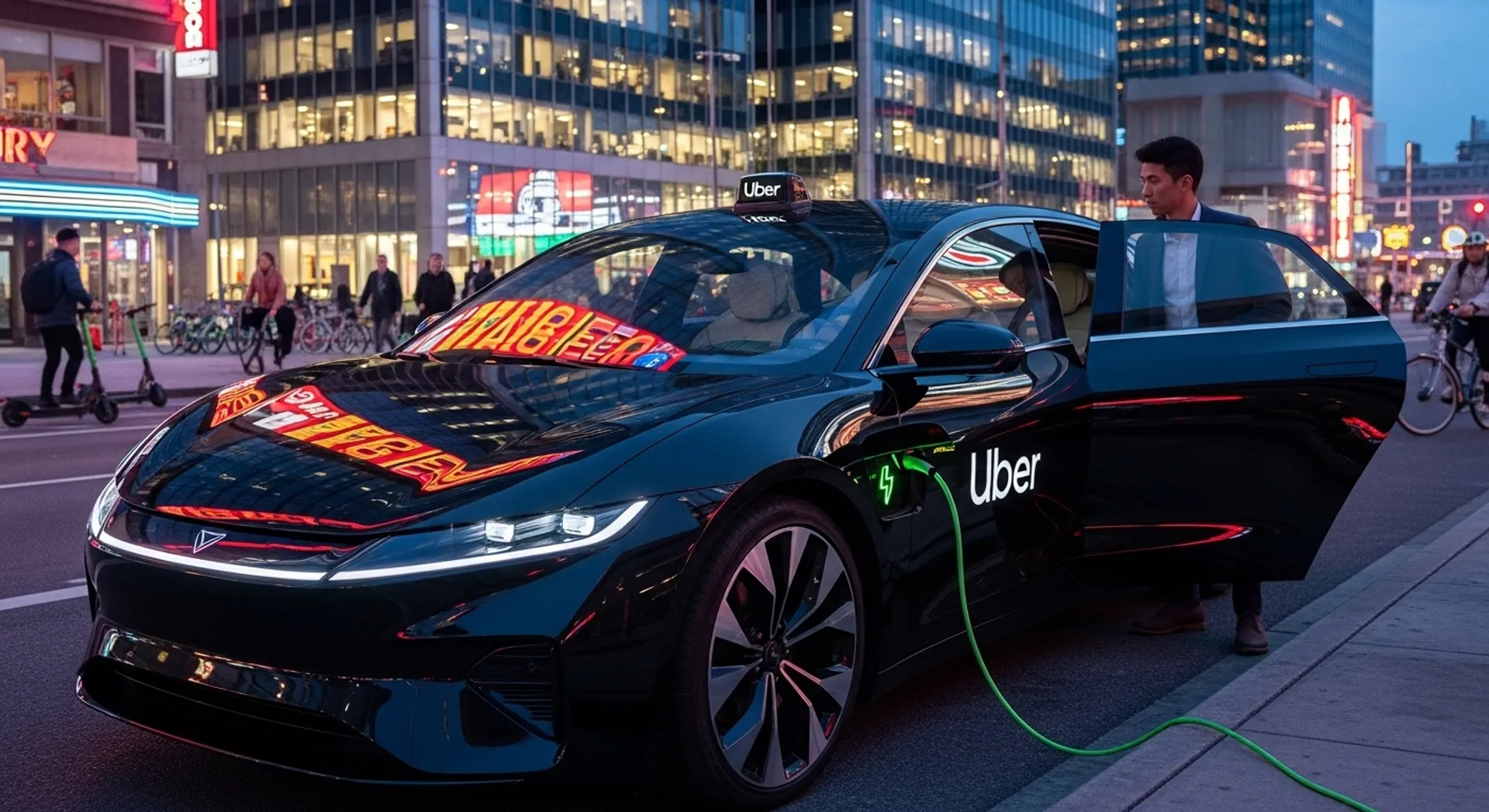 Uber electric rideshare vehicle picking up a rider in the city.