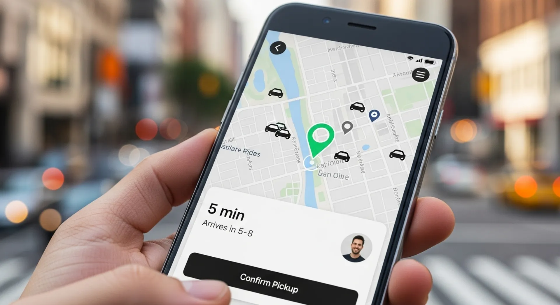 Uber mobile app interface showing real-time driver tracking and estimated arrival time on smartphone screen