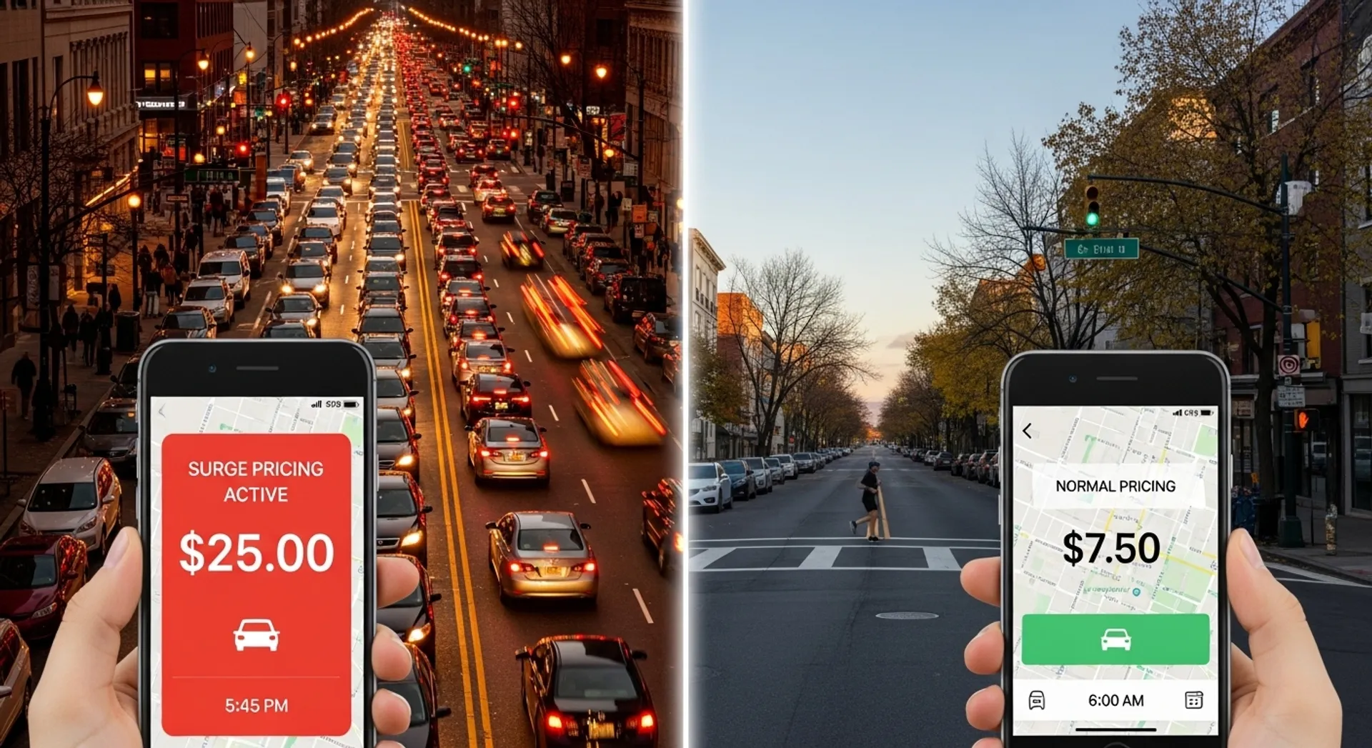 Uber surge pricing comparison between peak hours and off-peak hours for cost savings