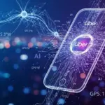 Uber technology platform visualization showing AI systems, data processing and mobile app infrastructure