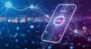 Uber technology platform visualization showing AI systems, data processing and mobile app infrastructure