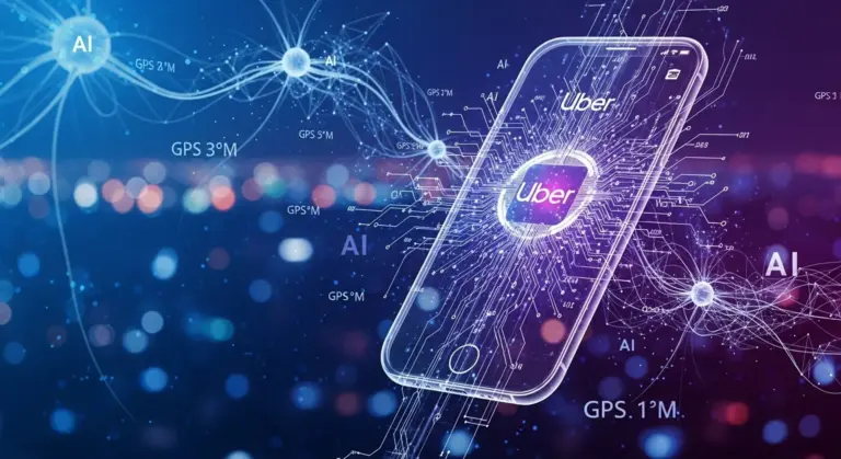 Uber technology platform visualization showing AI systems, data processing and mobile app infrastructure