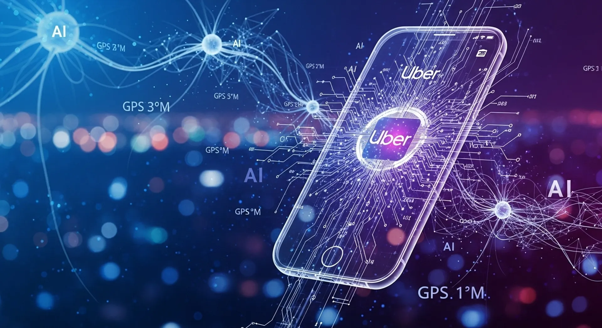 Uber technology platform visualization showing AI systems, data processing and mobile app infrastructure
