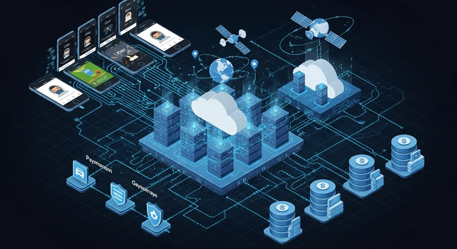 Uber technology stack layers showing mobile apps, GPS systems, cloud infrastructure and payment processing
