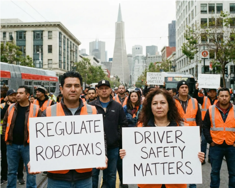 Rideshare drivers protesting autonomous vehicles in San Francisco January 2026