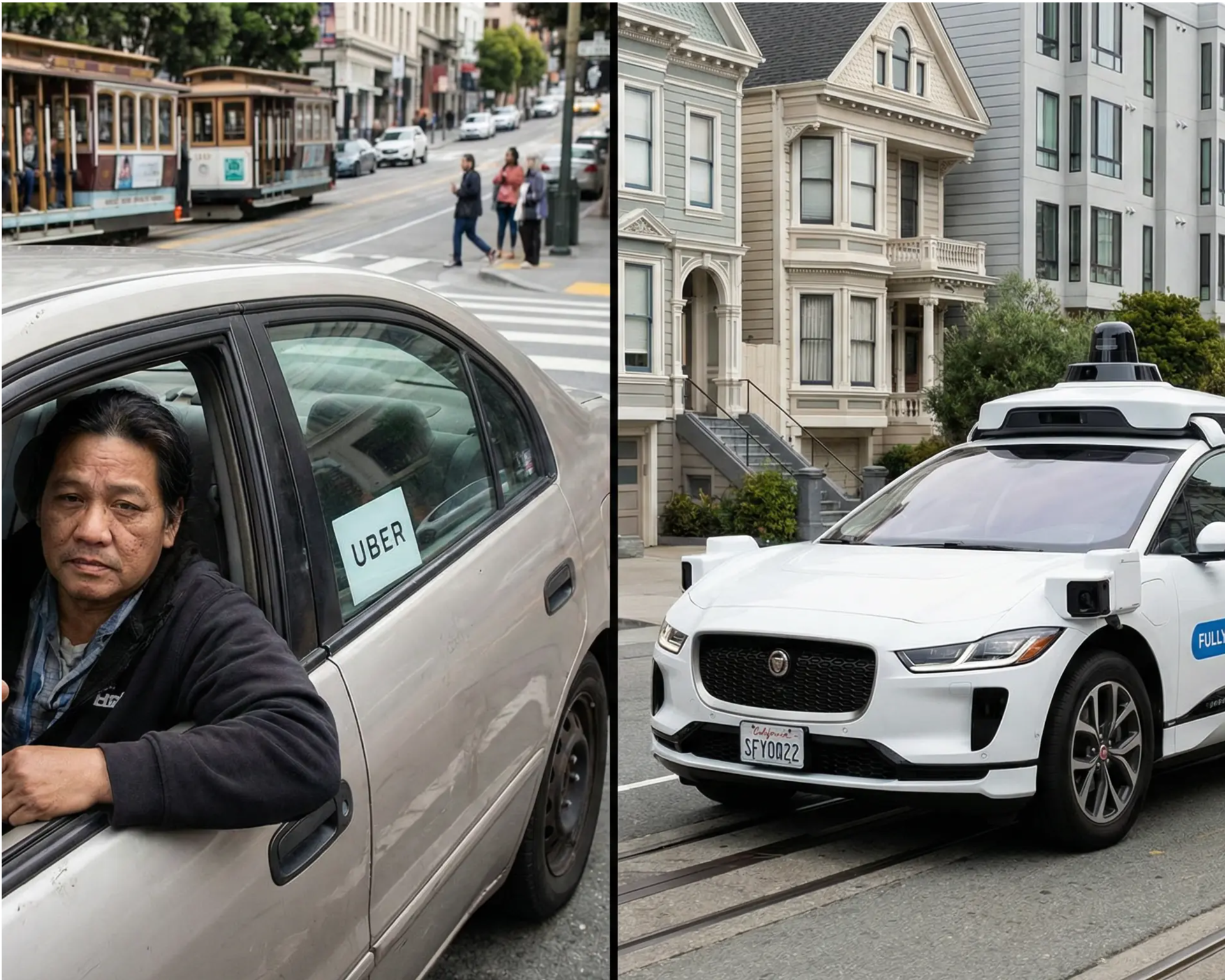 Traditional Uber driver and autonomous Waymo robotaxi comparison in San Francisco