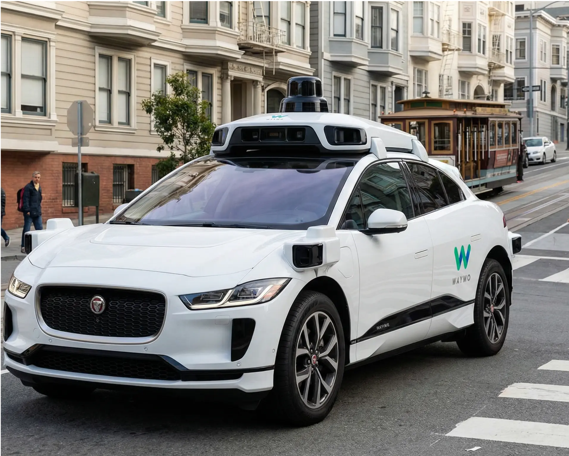 Waymo autonomous robotaxi on San Francisco street with sensor technology