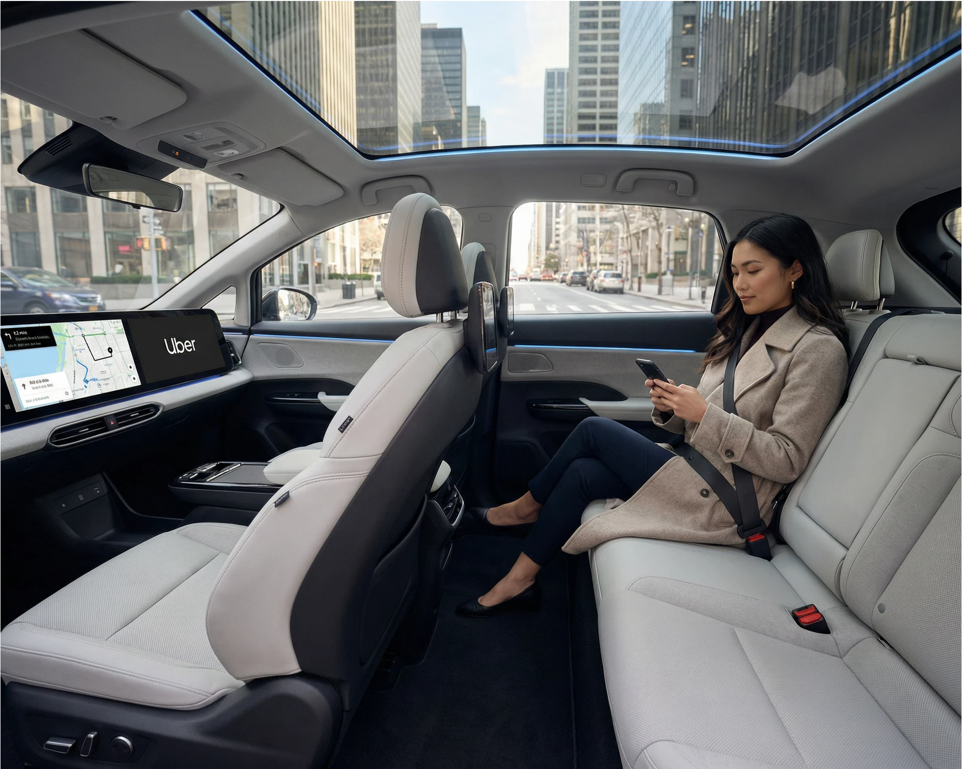 A passenger relaxes in the back of a driverless Uber robotaxi