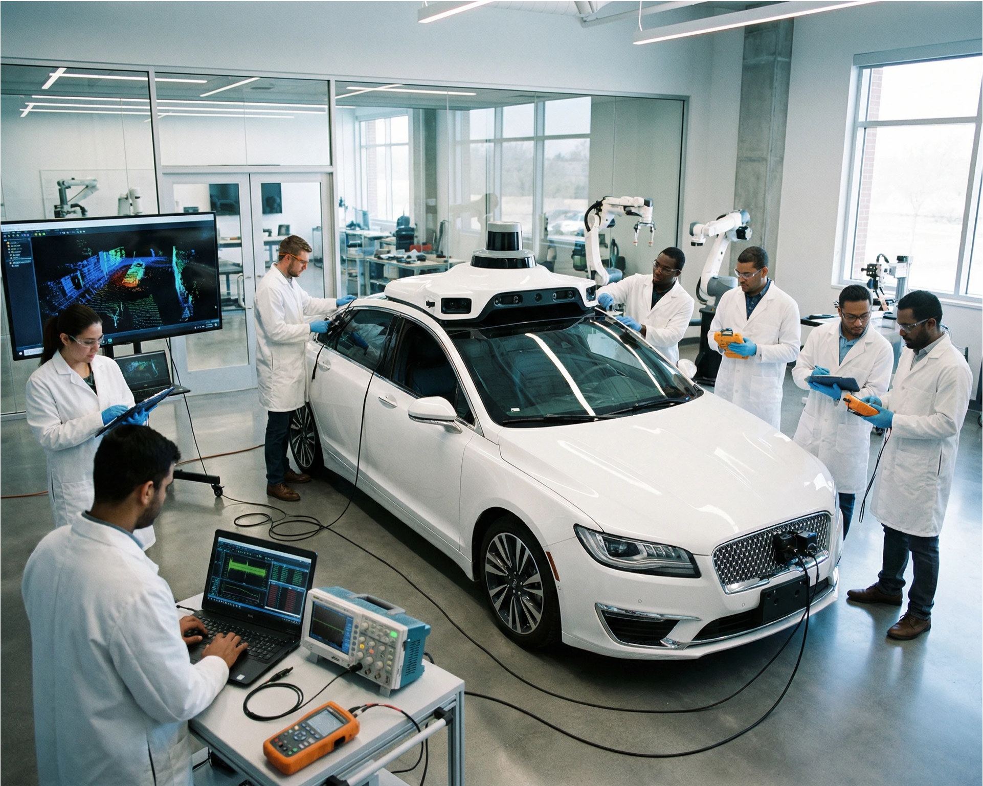 Engineers working on the sensor technology of an Uber autonomous vehicle