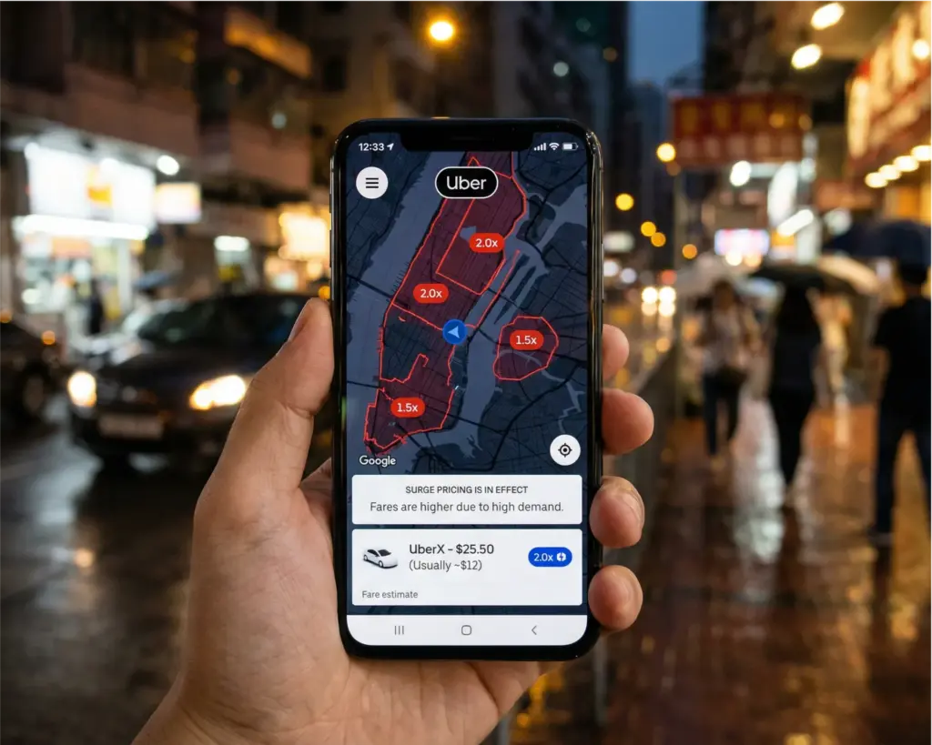 Uber surge pricing dynamic rates on app map