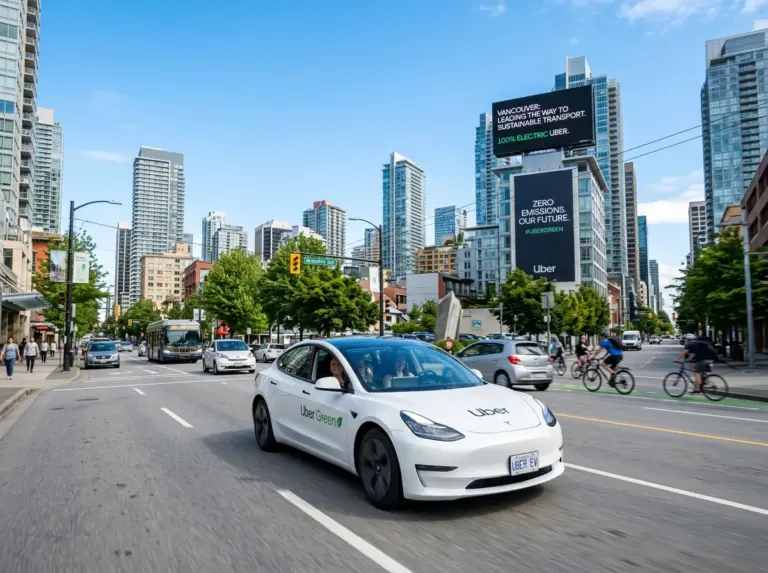 Electric Uber car driving through a city, representing Uber's commitment to sustainability