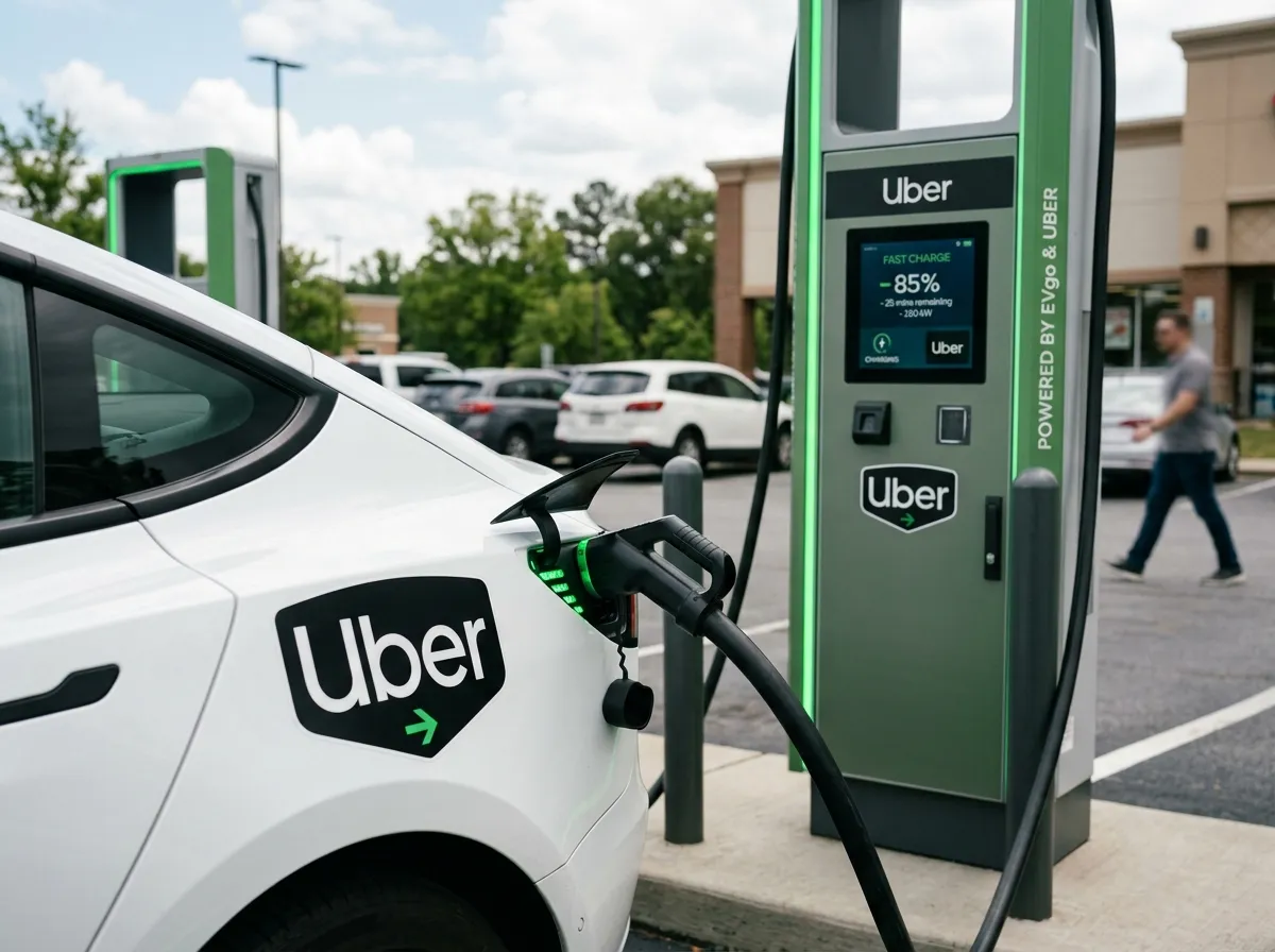 Electric vehicle being charged at a public station, supporting Uber’s green initiative