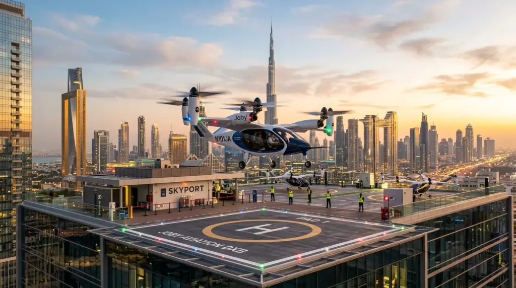 Joby electric air taxi taking off from Dubai vertiport