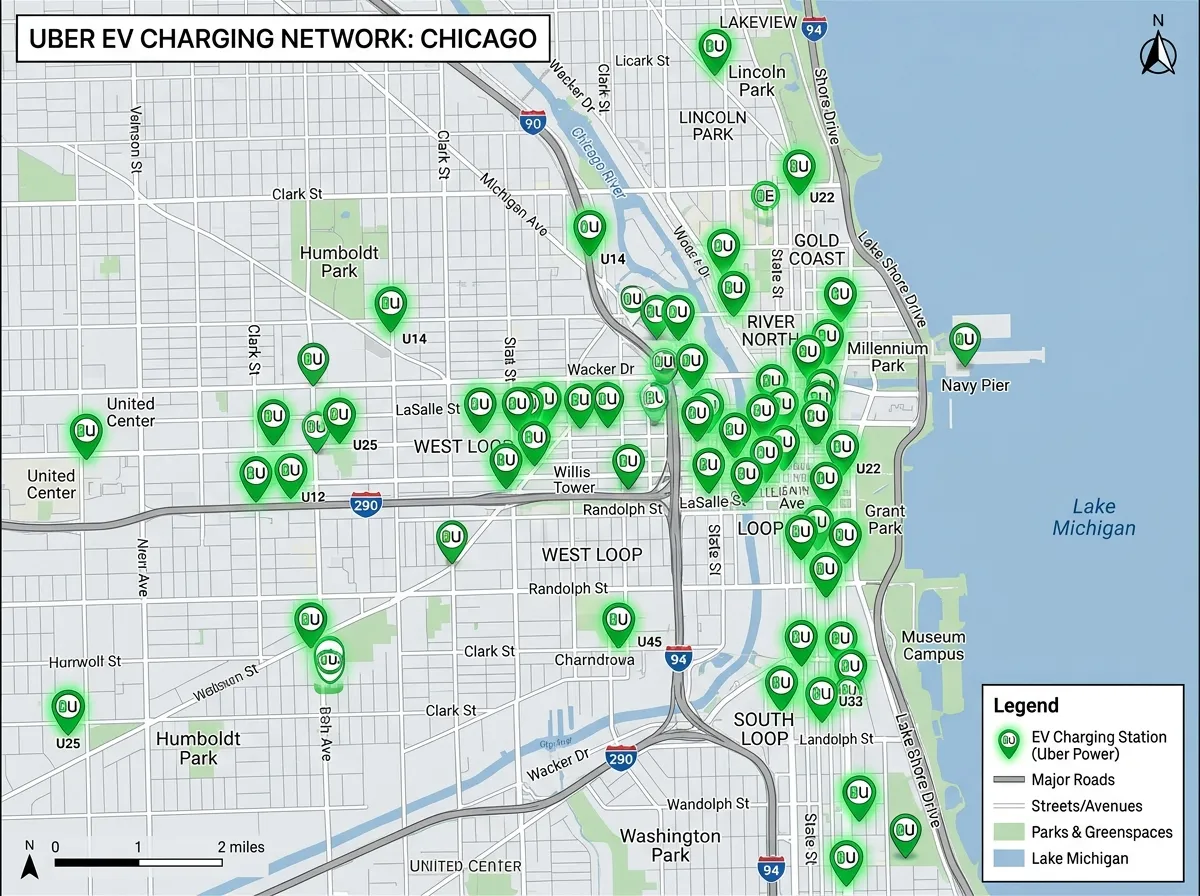 Map showing the locations of Uber EV charging stations across the city
