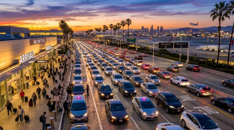 California airport Uber pickup zone at dusk