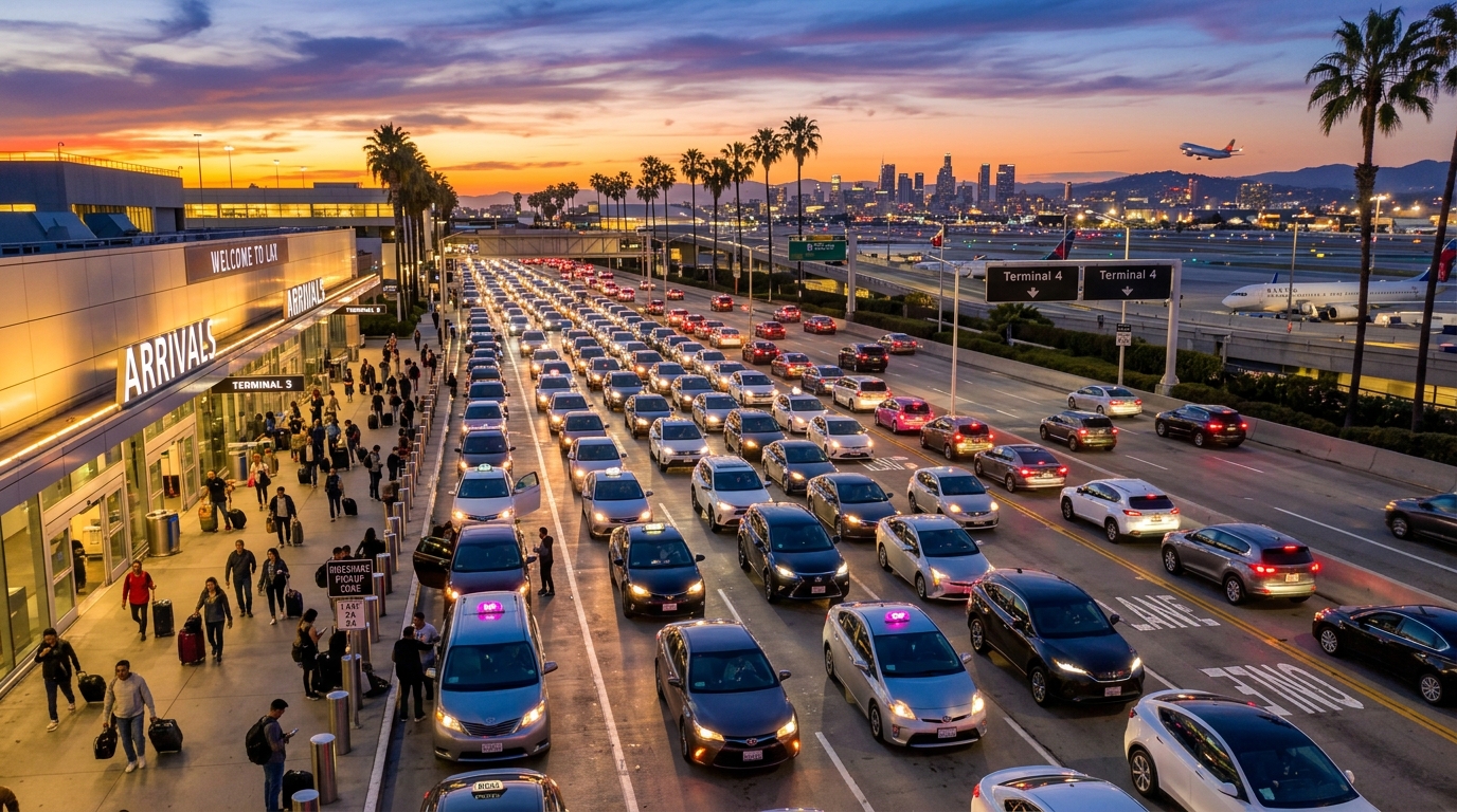 California airport Uber pickup zone at dusk