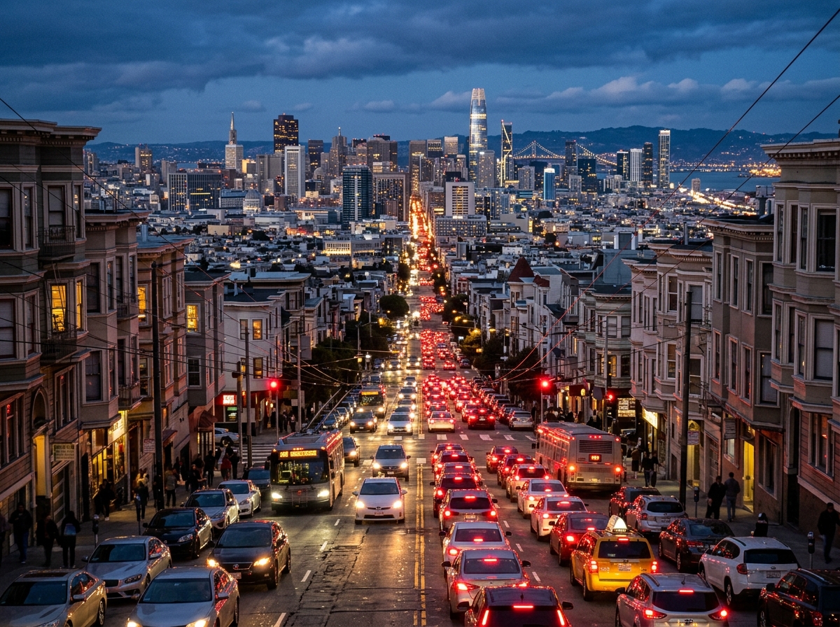 Busy San Francisco street during peak hours