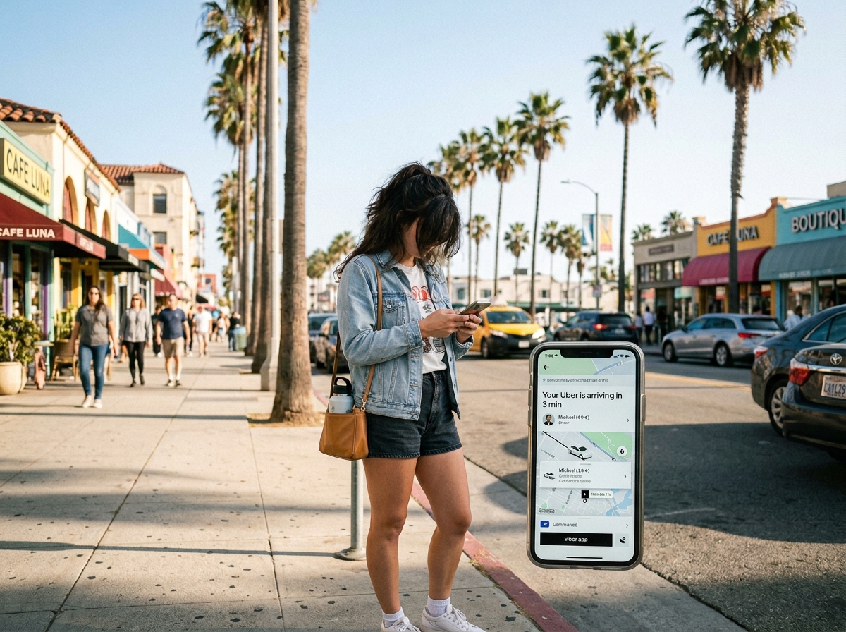 Rider checking Uber app on California street